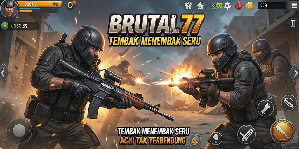 Tangkapan layar utama BRUTAL77 menampilkan aksi tembak-menembak yang menegangkan.