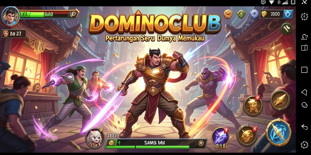 Screenshot menunjukkan pertarungan seru antara karakter di DOMINOCLUB.