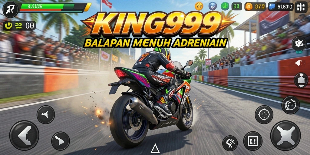 Tampilan gameplay KING999 yang menampilkan aksi balapan motor memukau.