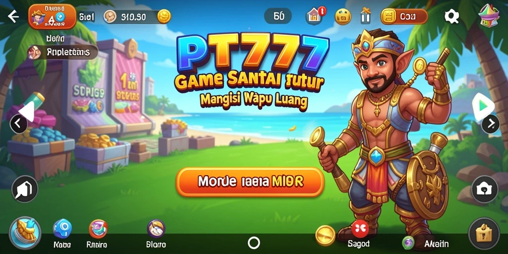 Screenshot utama PT777 menunjukkan gameplay yang ceria dan penuh warna.