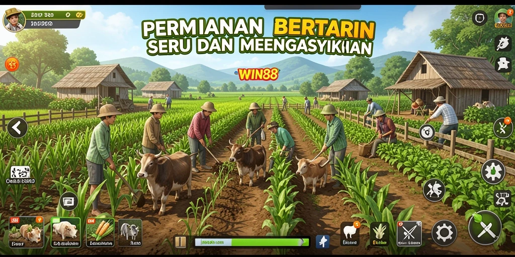 Tampilan gameplay menarik dengan ladang subur dan hewan ternak.